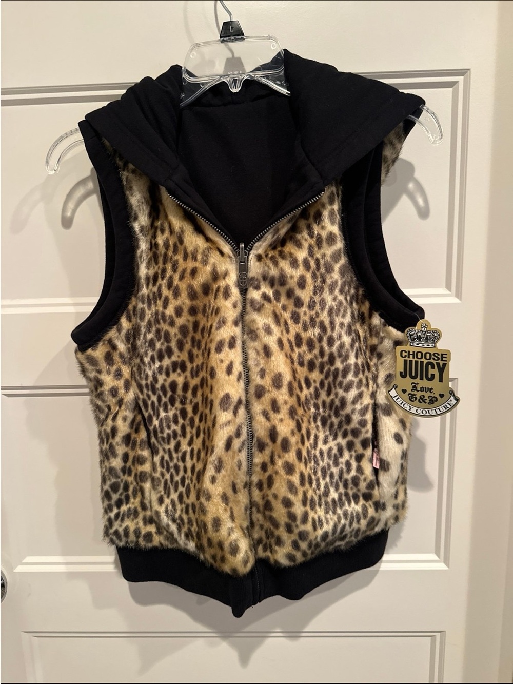 Juicy Couture Black Hooded Leopard Faux Fur Zip Vest